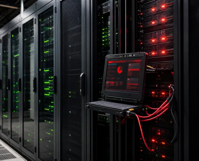 Serverraum mit Warnanzeige an einem Serverschrank und stabil laufenden Systemen